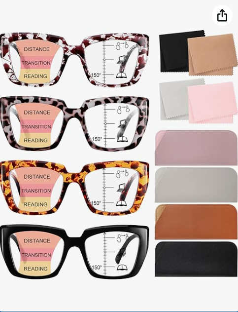 4 Pack Progressive Reading Glasses for Women Oprah Style Blue Light Blocking Multifocal Readers
