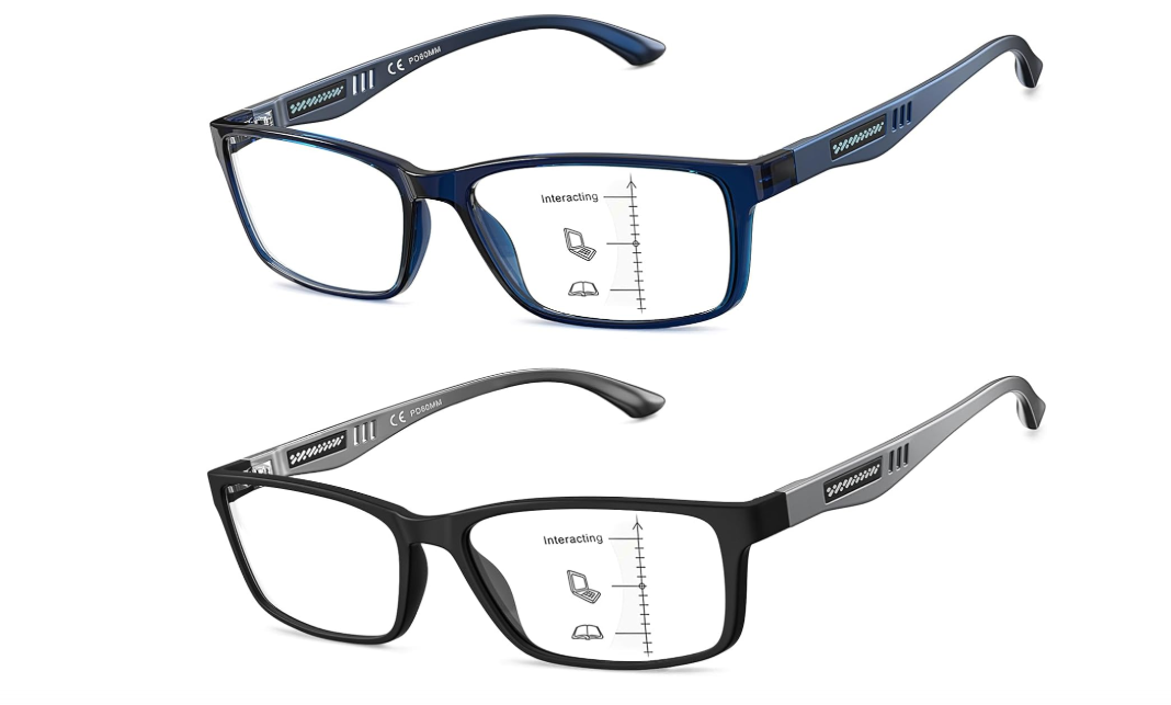 CARA Progressive Reading Glasses for Men Multifocus TR90 Readers, Extremely Lightweight Blue Light Blocking Eyeglasses 2 Pack(Black+Blue, +2.50)
