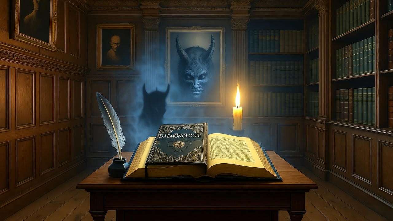 Jacobean study with King James Daemonologie book and demonic smoke from candle – historical context of Lady Macbeth monologue