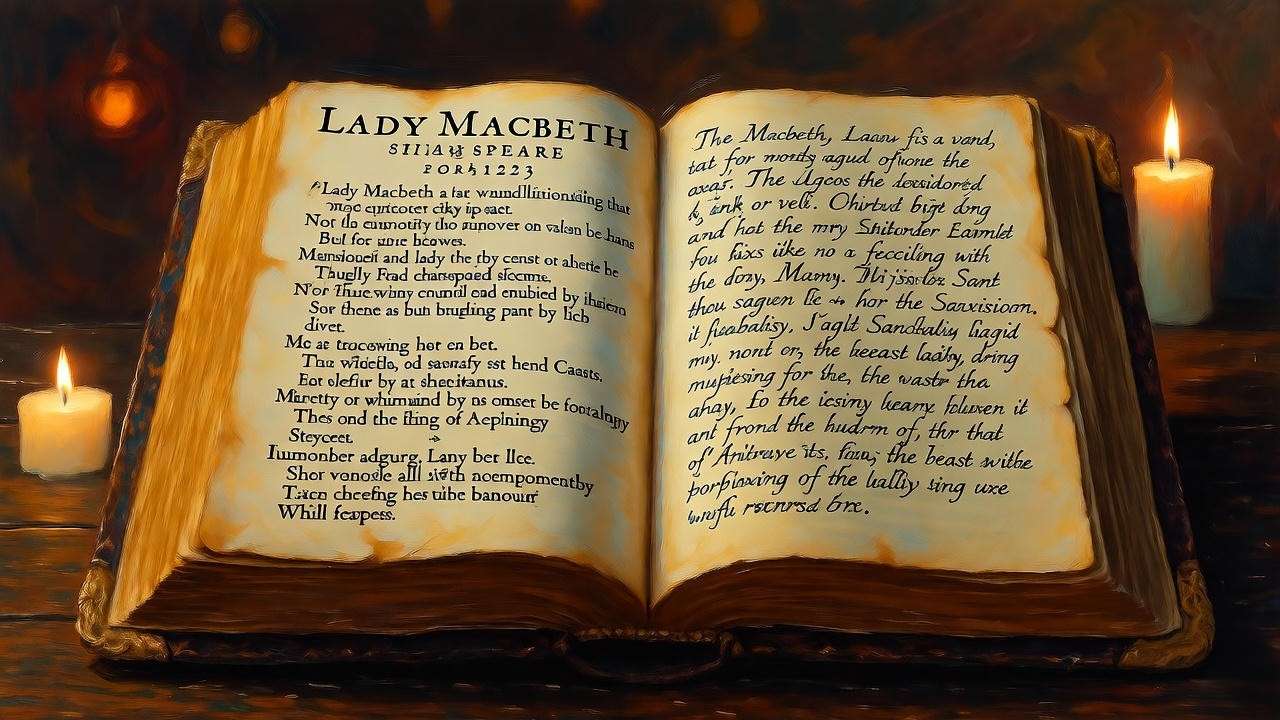 Open First Folio 1623 beside modern paraphrase of Lady Macbeth monologue – side-by-side text comparison