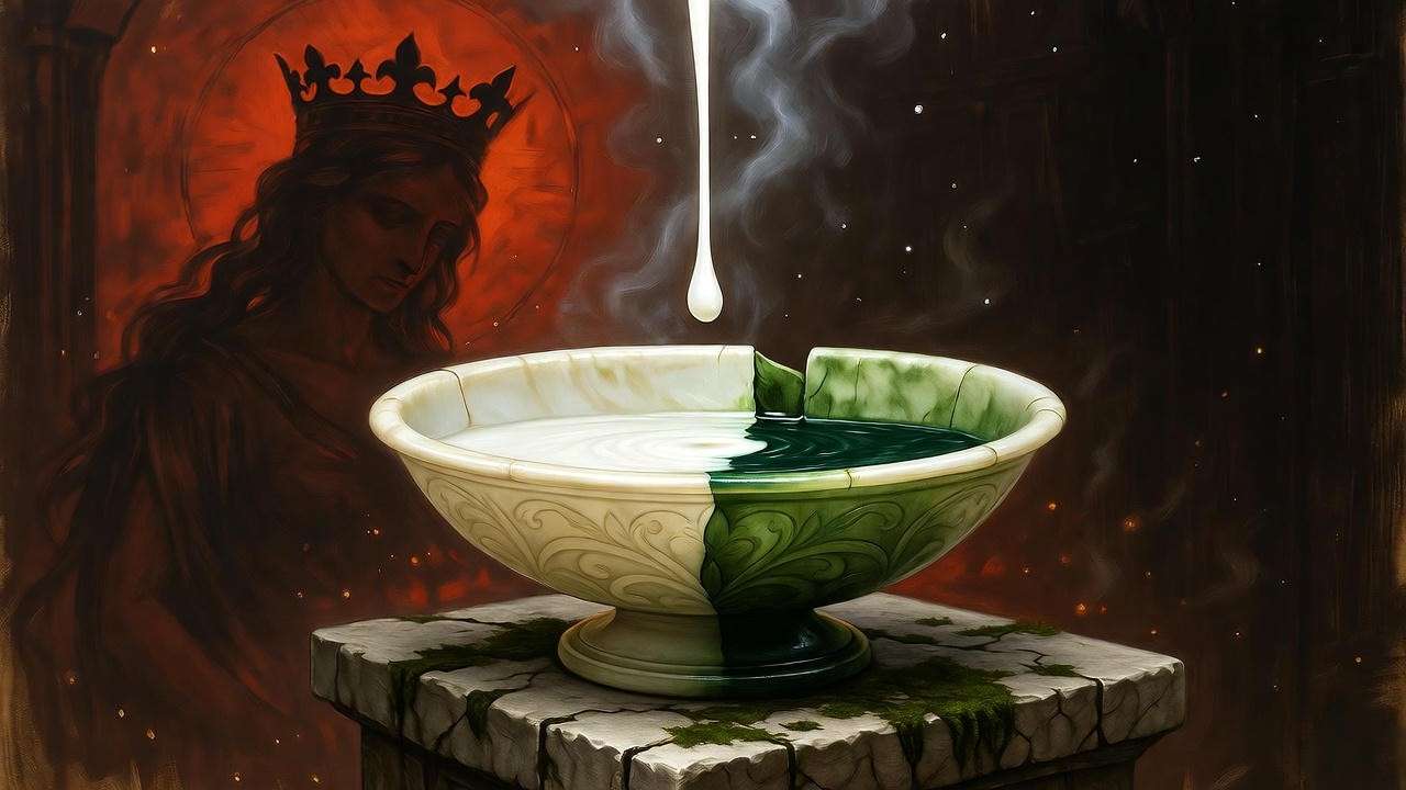 Milk transforming into gall in cracked bowl – symbolic image of Lady Macbeth's psychological corruption