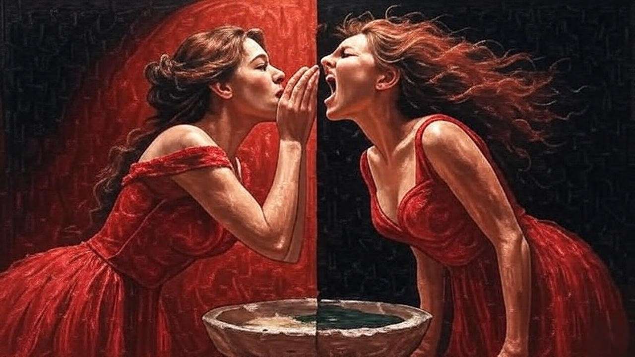 Split image of actress whispering and roaring – vocal dynamics in Lady Macbeth monologue performance