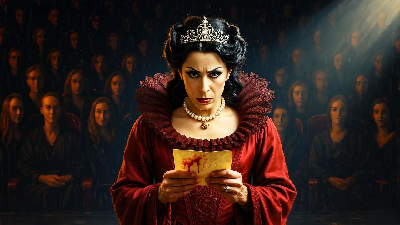 Male actor performing Lady Macbeth in drag – gender-bent Shakespeare monologue on stage