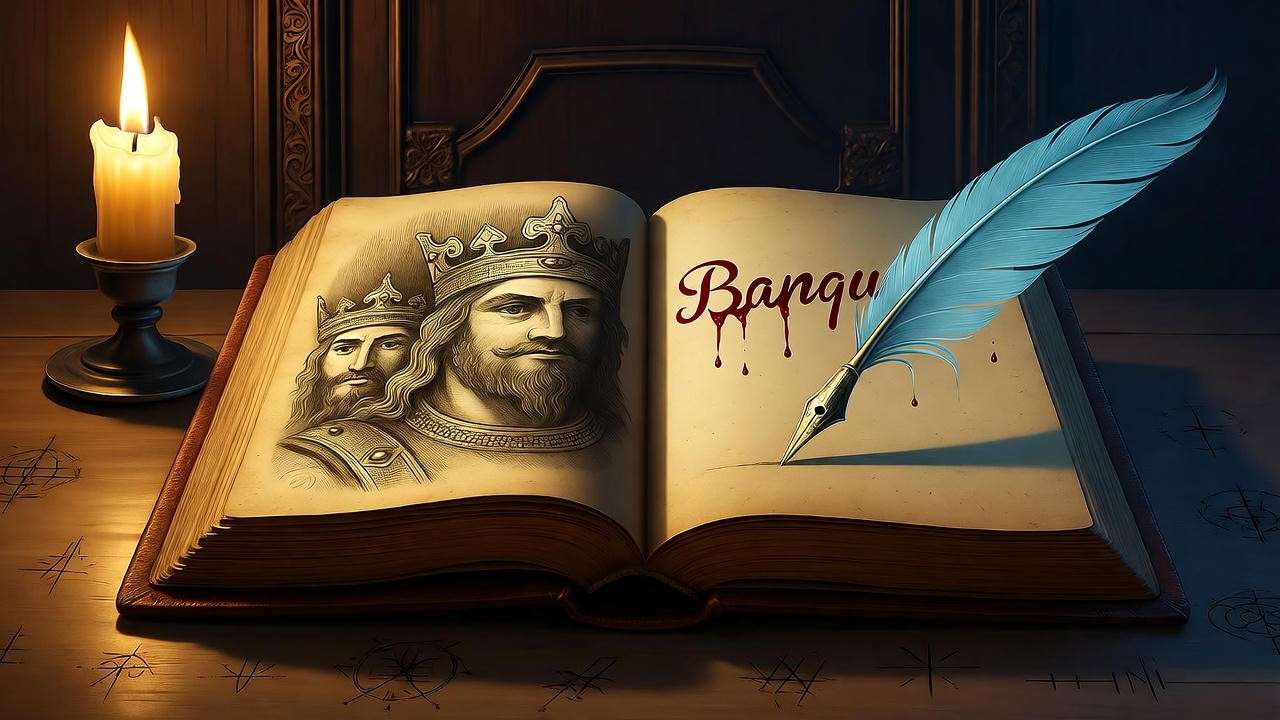 Holinshed’s Chronicles open beside Shakespeare’s quill writing Banquo in blood-red ink, candlelit desk