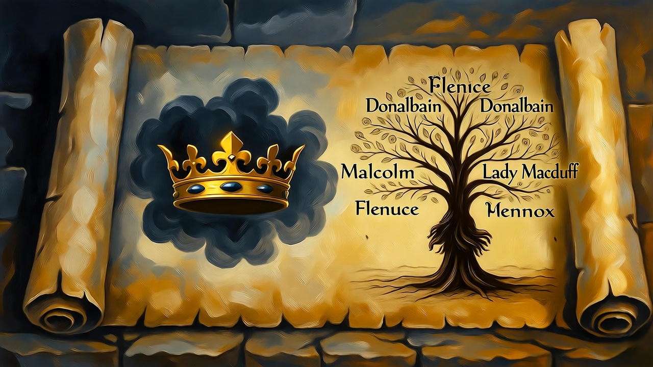 Macbeth barren crown vs Banquo flourishing family tree on prophecy scroll, split light and shadow