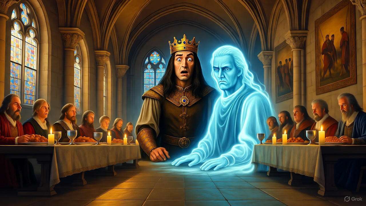Macbeth confronting translucent Banquo ghost at candlelit banquet, lords frozen in fear