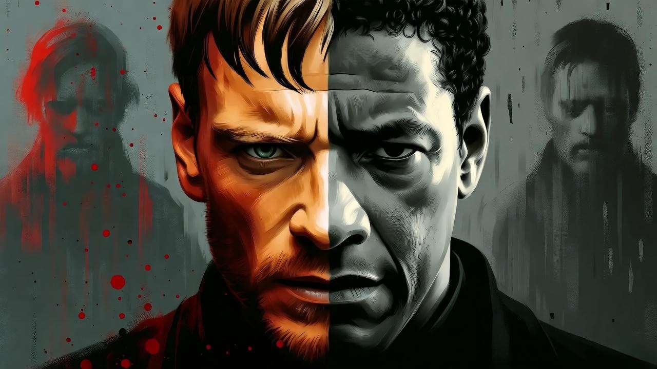 Split-screen Fassbender and Washington as Macbeth staring at Banquo ghost, 2015 vs 2021 film styles