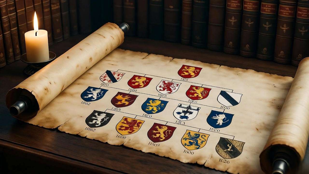 Genealogical timeline of the historical Earls of Ross from 1162 to 1600 on parchment scroll