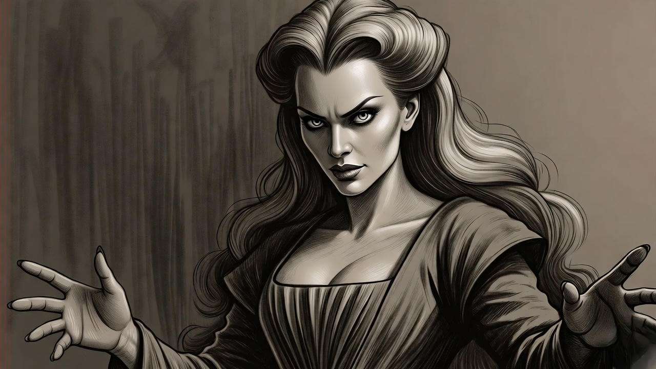 Charcoal drawing of Lady Macbeth with intense expression and outstretched hands for Macbeth sketching guide.