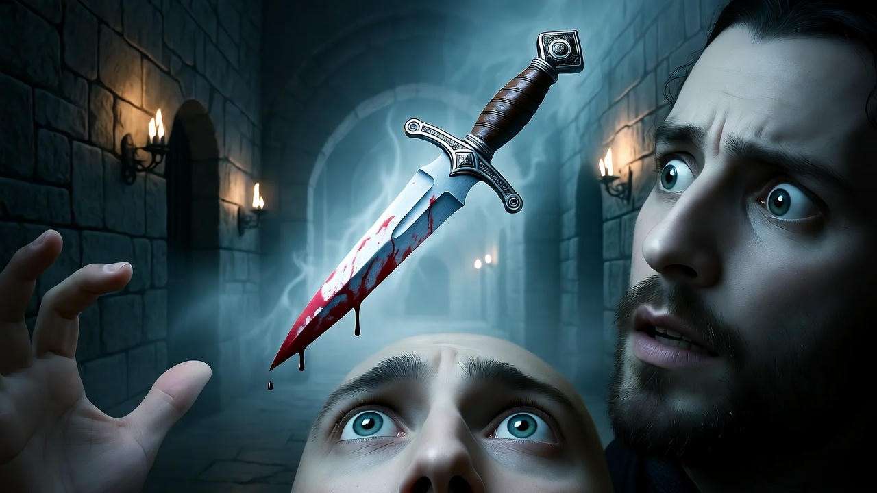 Digital painting of Macbeth dagger hallucination scene with floating blade and blood for drawing tutorial.