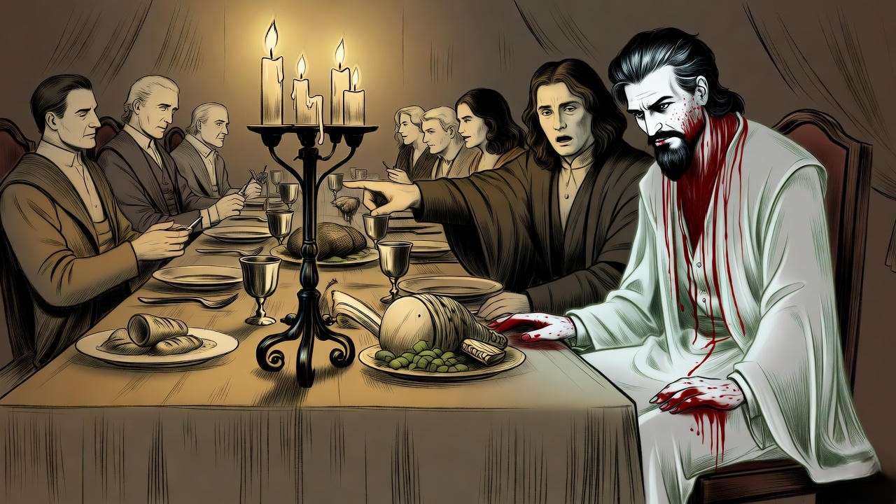 Sketch of Banquo's ghost at Macbeth banquet table causing horror for Shakespeare scene drawing.