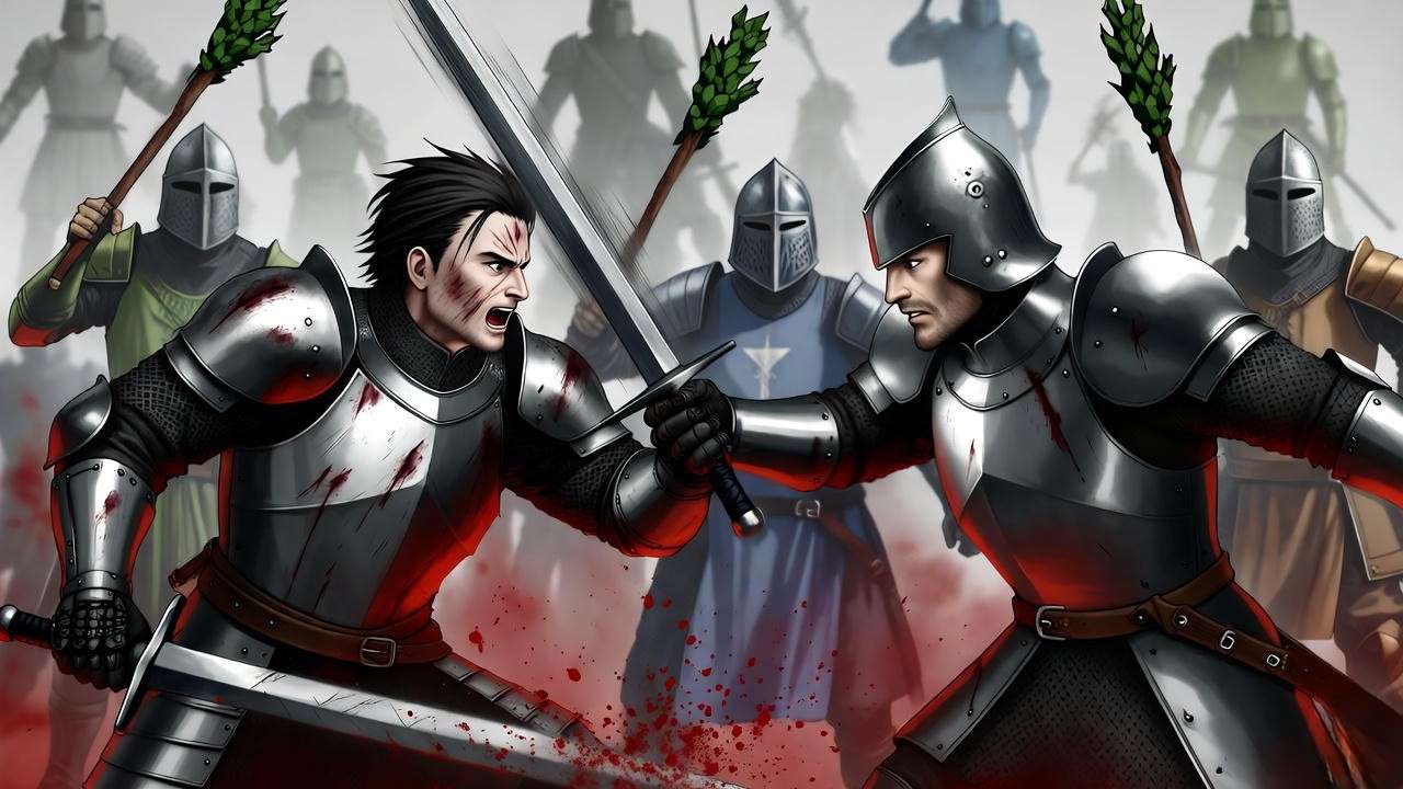 Digital illustration of Macbeth and Macduff sword duel in final battle for sketching guide.