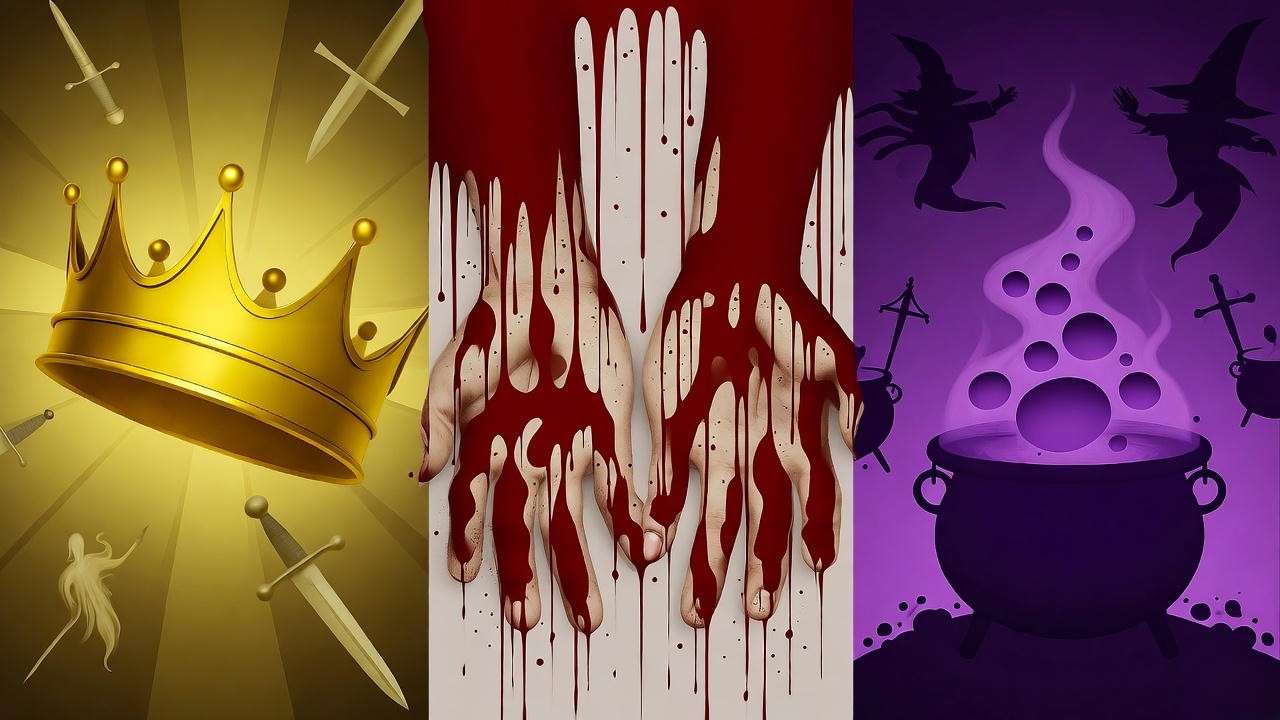 Abstract color theory palette for Macbeth themes including crown, blood, and cauldron symbols.