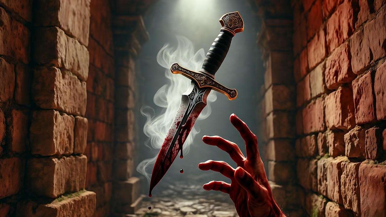 Hallucinatory bloody dagger in Macbeth's soliloquy - modern English translation guide for Act 2.