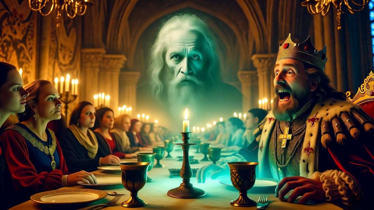 Banquo's ghost haunting Macbeth at banquet - Macbeth play translation Act 3 analysis.