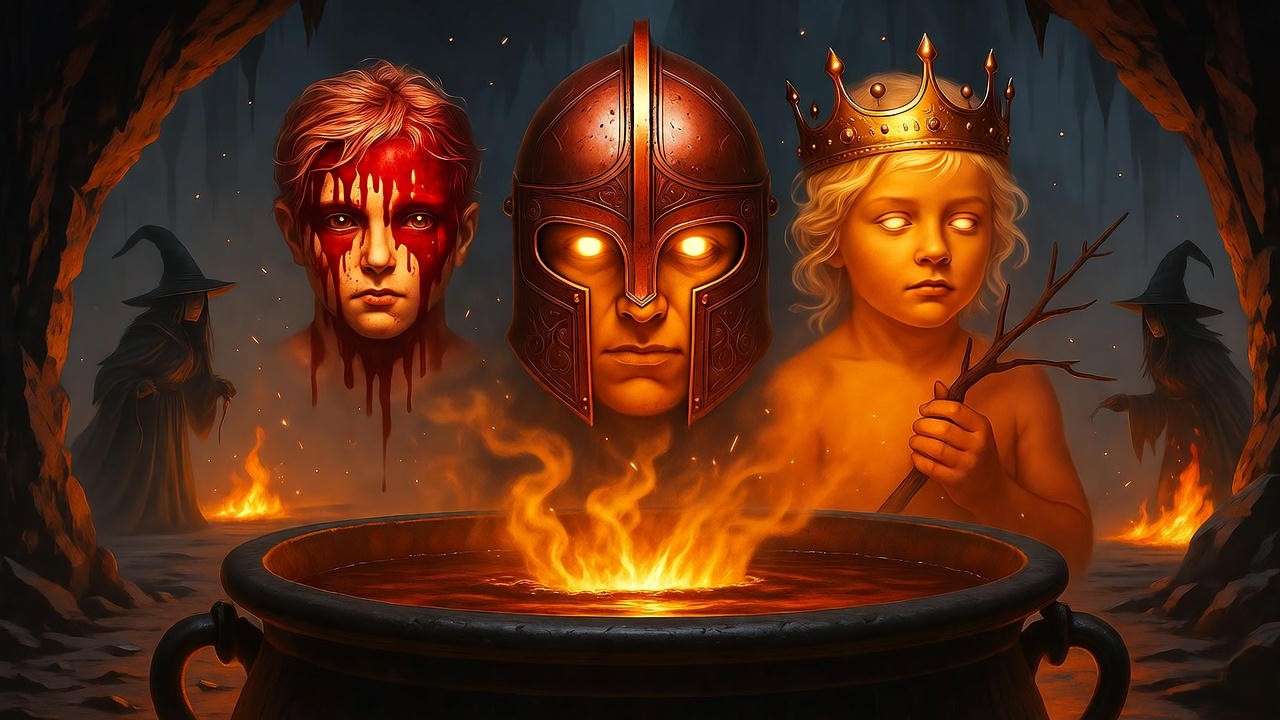 Witches' apparitions prophesying to Macbeth - modern translation of Macbeth Act 4 scene.