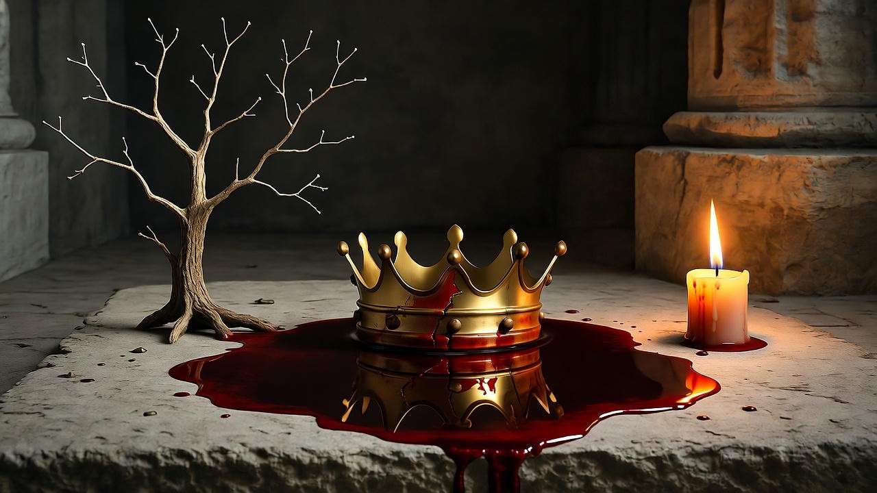 Blood, crown, and candle symbols of ambition and guilt in Macbeth - modern English guide.