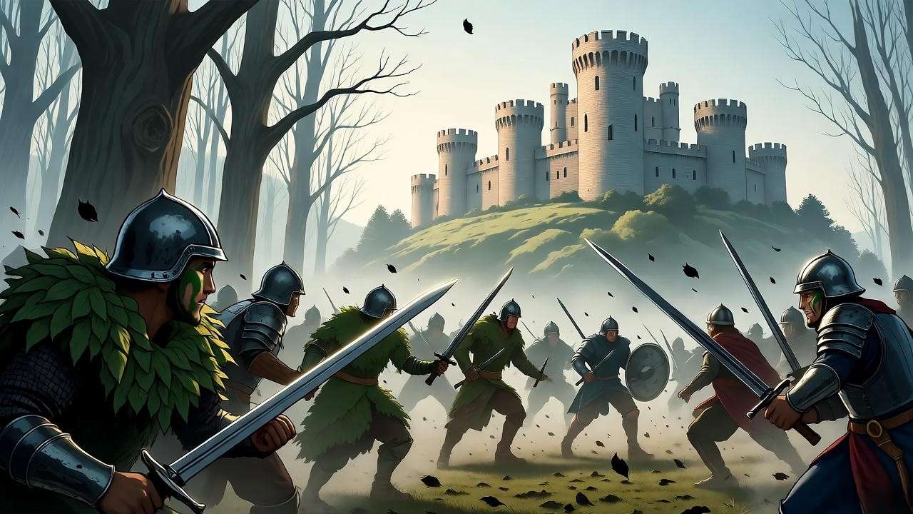 Birnam Wood advancing on Dunsinane castle - Macbeth play translation final battle visualization.