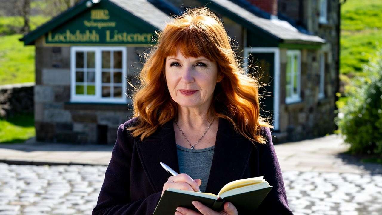 Shirley Henderson as journalist Isobel Sutherland outside Lochdubh Listener – Hamish Macbeth TV series cast