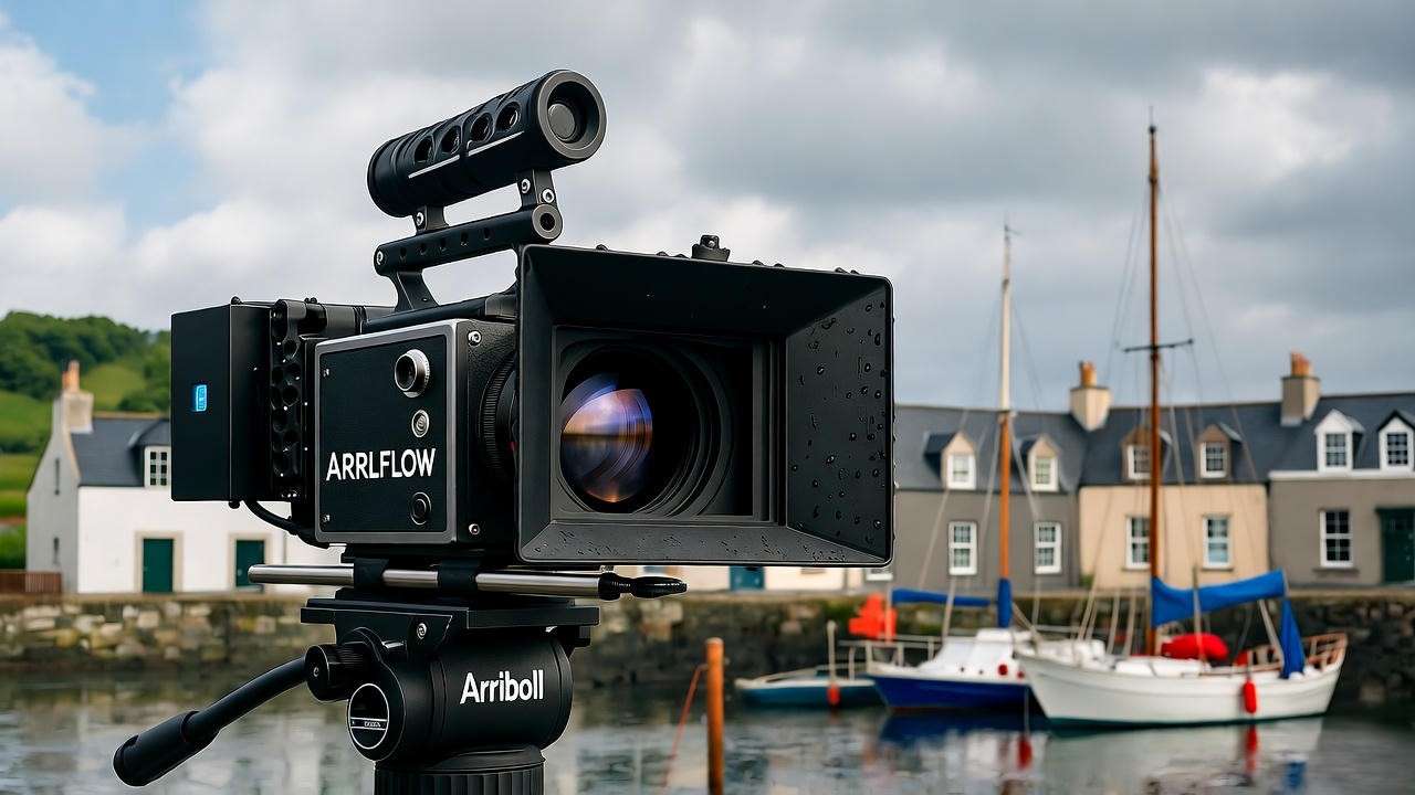 Vintage film camera on location in Plockton during Hamish Macbeth production – behind the scenes