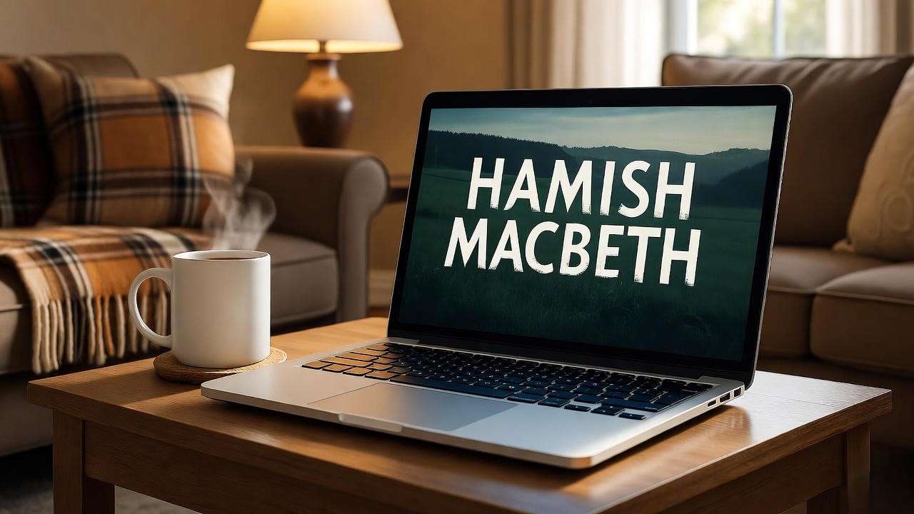 Laptop streaming Hamish Macbeth on BritBox in cozy living room – where to watch 2025