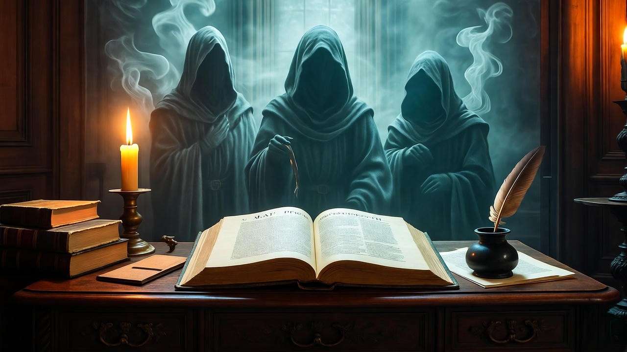 Jacobean study with open First Folio of Macbeth and ghostly witches in smoke, illustrating timeless resonance of Shakespeare’s tragedy