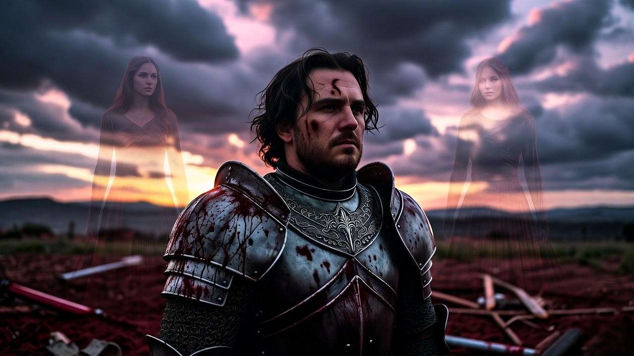 Macbeth on bloodied battlefield gazing at witches in stormy sky, symbolizing birth of ambition in Act 1