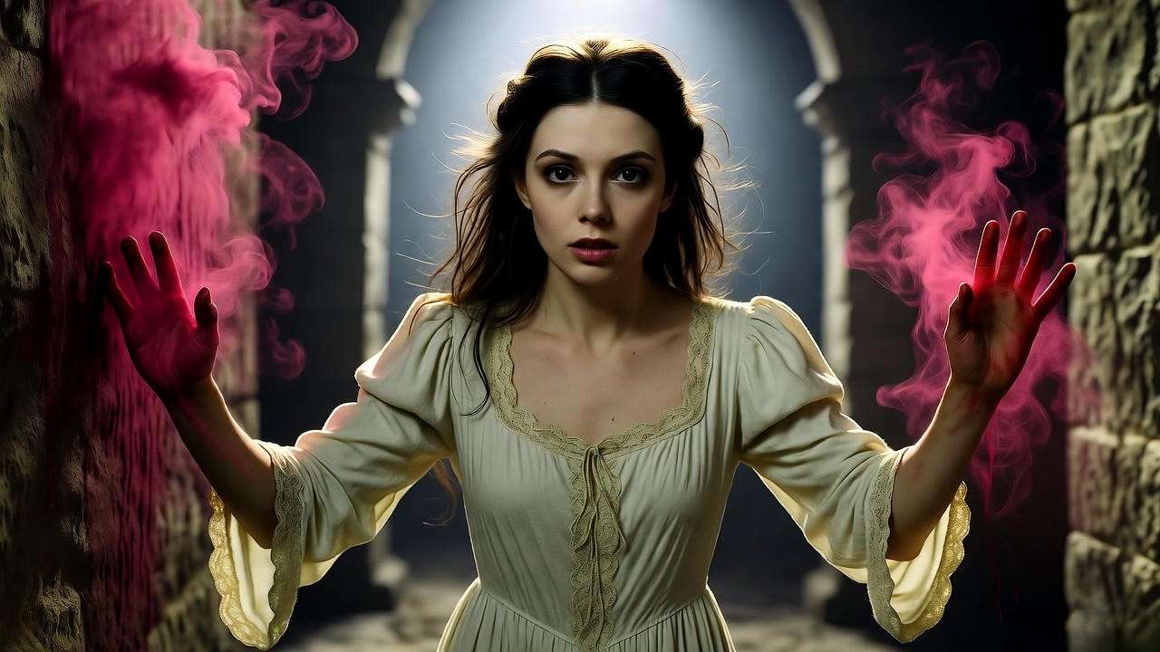 Lady Macbeth sleepwalking in nightgown surrounded by crimson mist, depicting “Out, damned spot” guilt