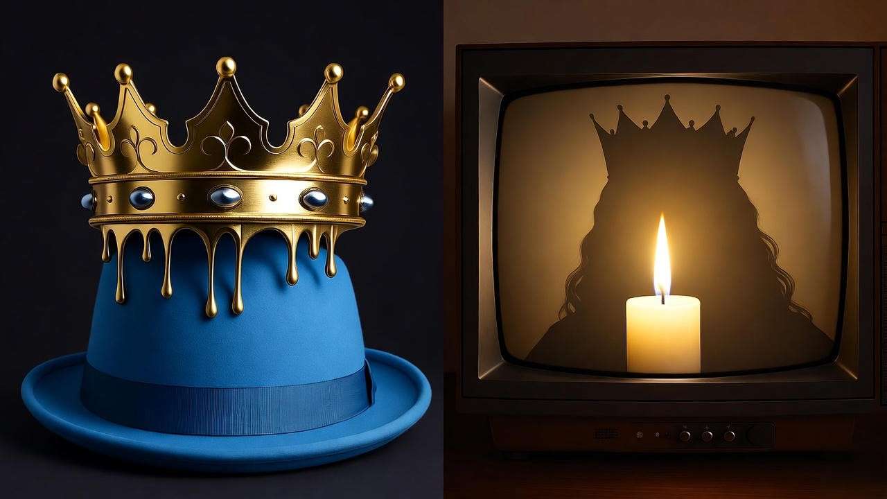 Split-screen showing Macbeth crown morphing into Breaking Bad hat and candle on TV, linking Shakespeare to modern pop culture