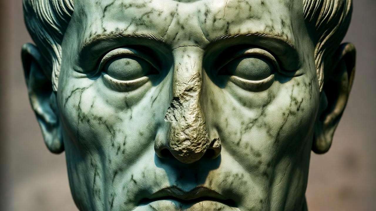 Tusculum bust of Julius Caesar close-up, highlighting Roman veristic features like temple vein and neck wrinkles for Shakespeare inspiration.