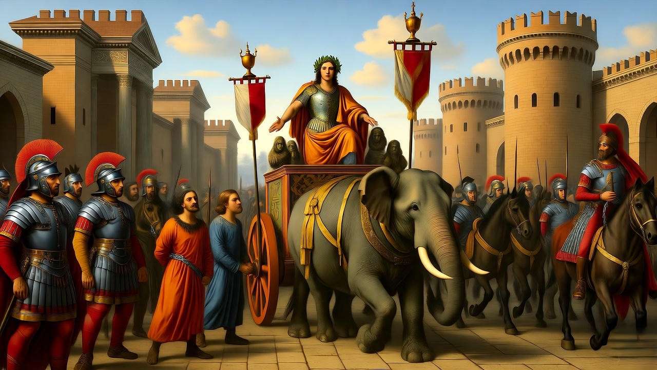 Andrea Mantegna Triumphs of Caesar painting recreation, bald laureled Julius Caesar in chariot echoing Tusculum bust for Shakespearean art ties.