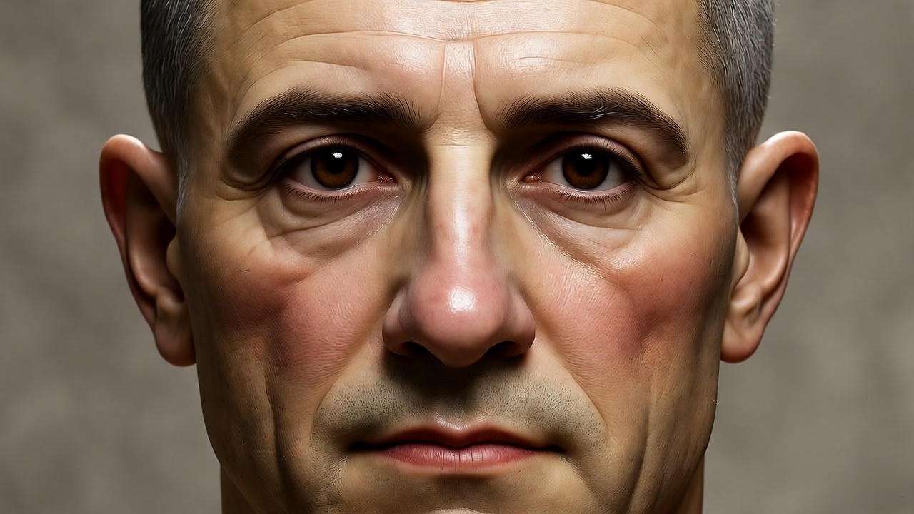 3D forensic reconstruction of Julius Caesar from Tusculum bust, revealing realistic features like balding and wrinkles for historical accuracy.