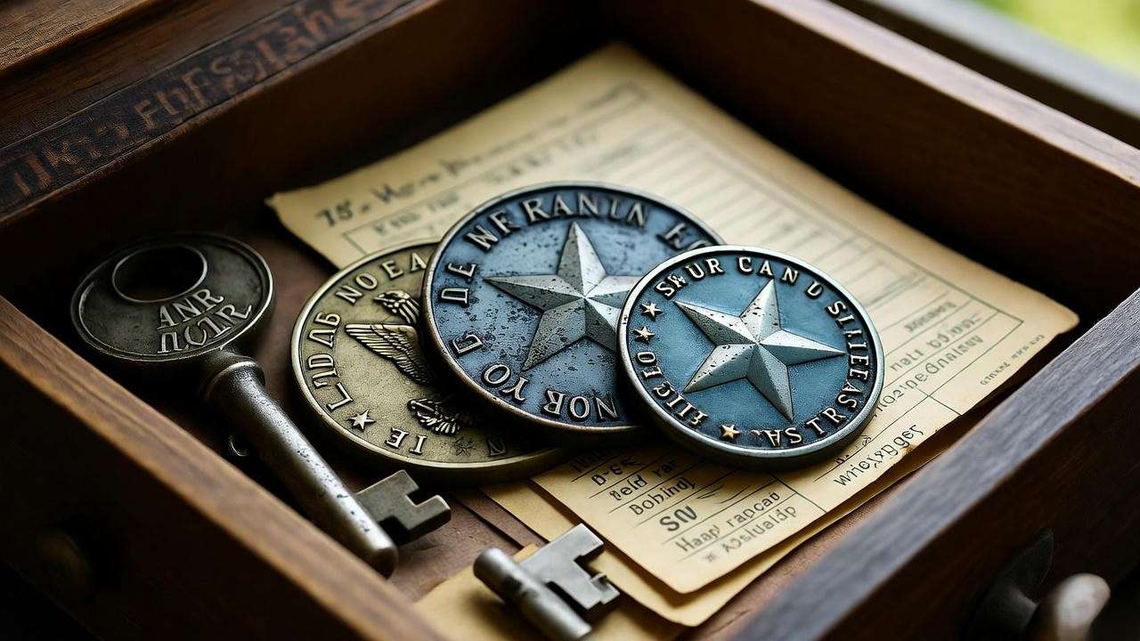 damaged military challenge coins in drawer showing tarnish and scratches