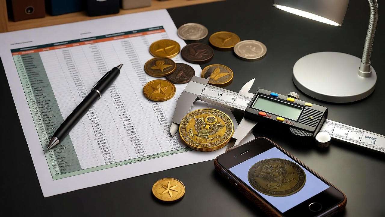 military coin inventory checklist with caliper and digital scan on desk