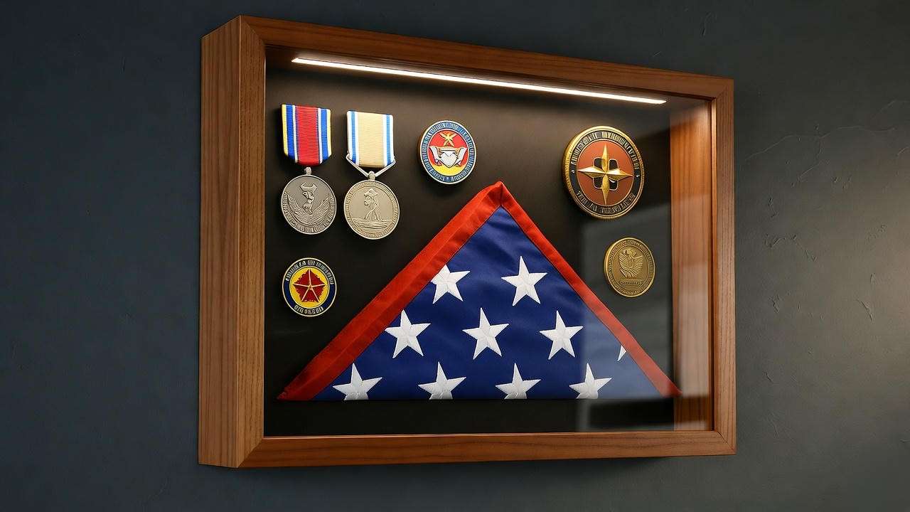 military shadow box display with challenge coins medals and flag LED lighting