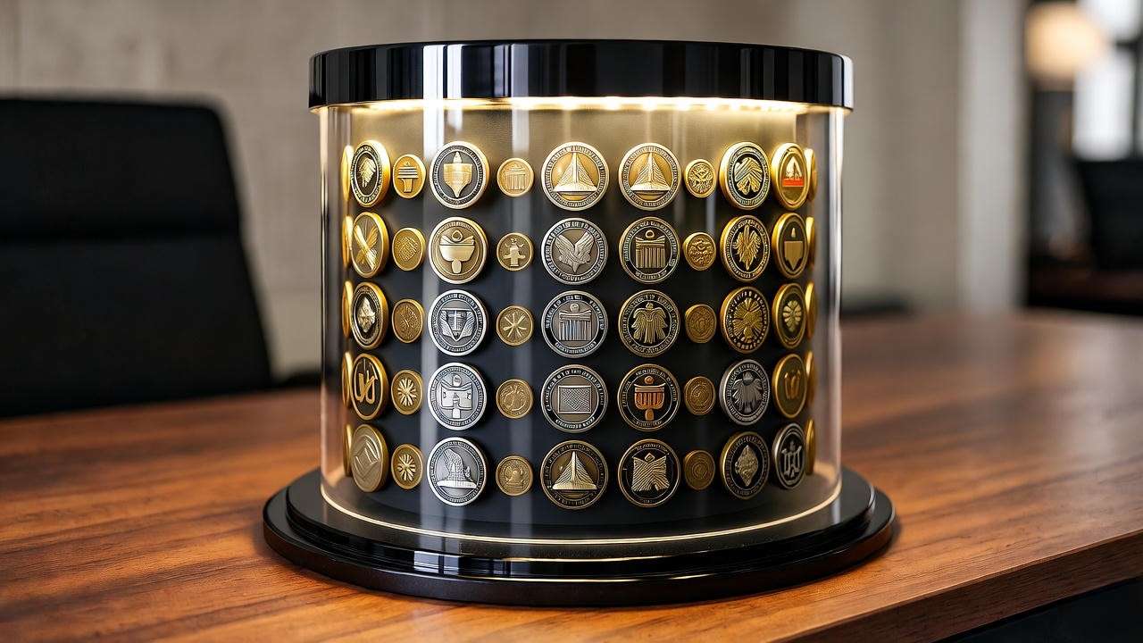rotating pedestal military coin display case with LED lighting 80 coins