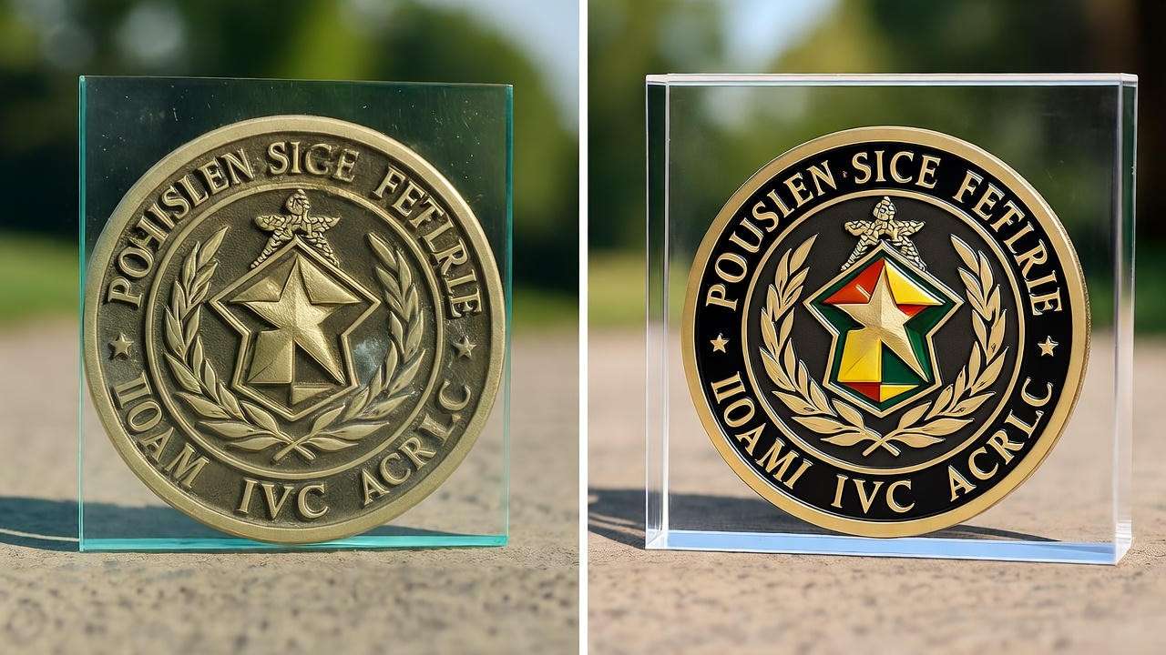 UV damage comparison regular glass vs museum acrylic on challenge coin