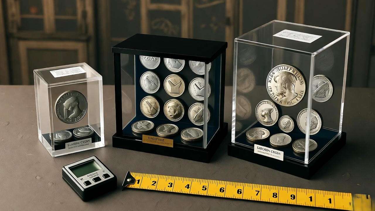 comparison of small medium large military coin display cases with tools