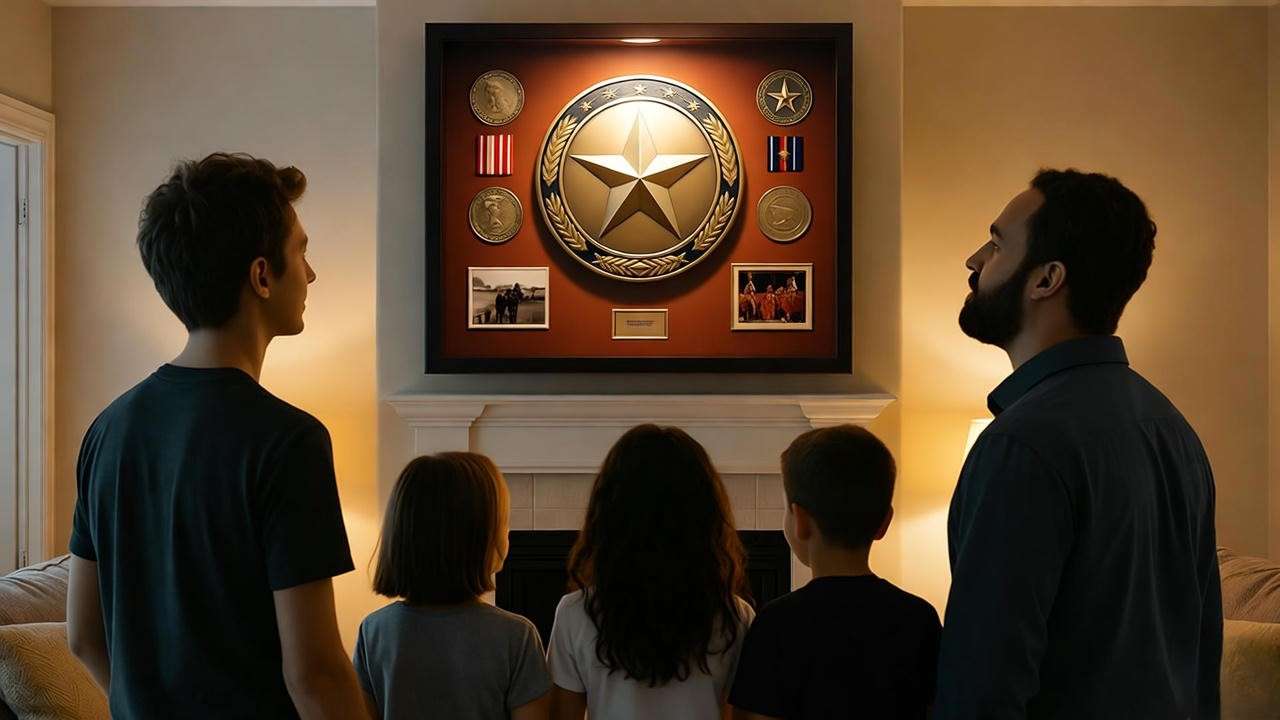 family viewing illuminated military coin shadow box in living room