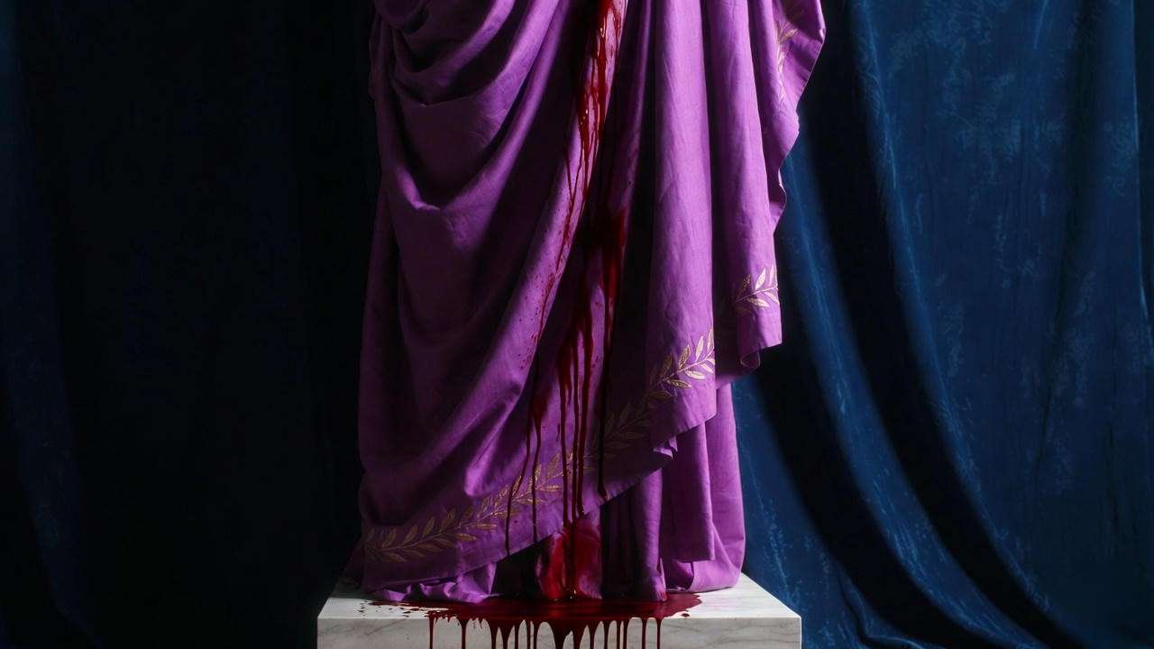 Julius Caesar art: blood-soaked purple toga symbolizing fall from imperial power