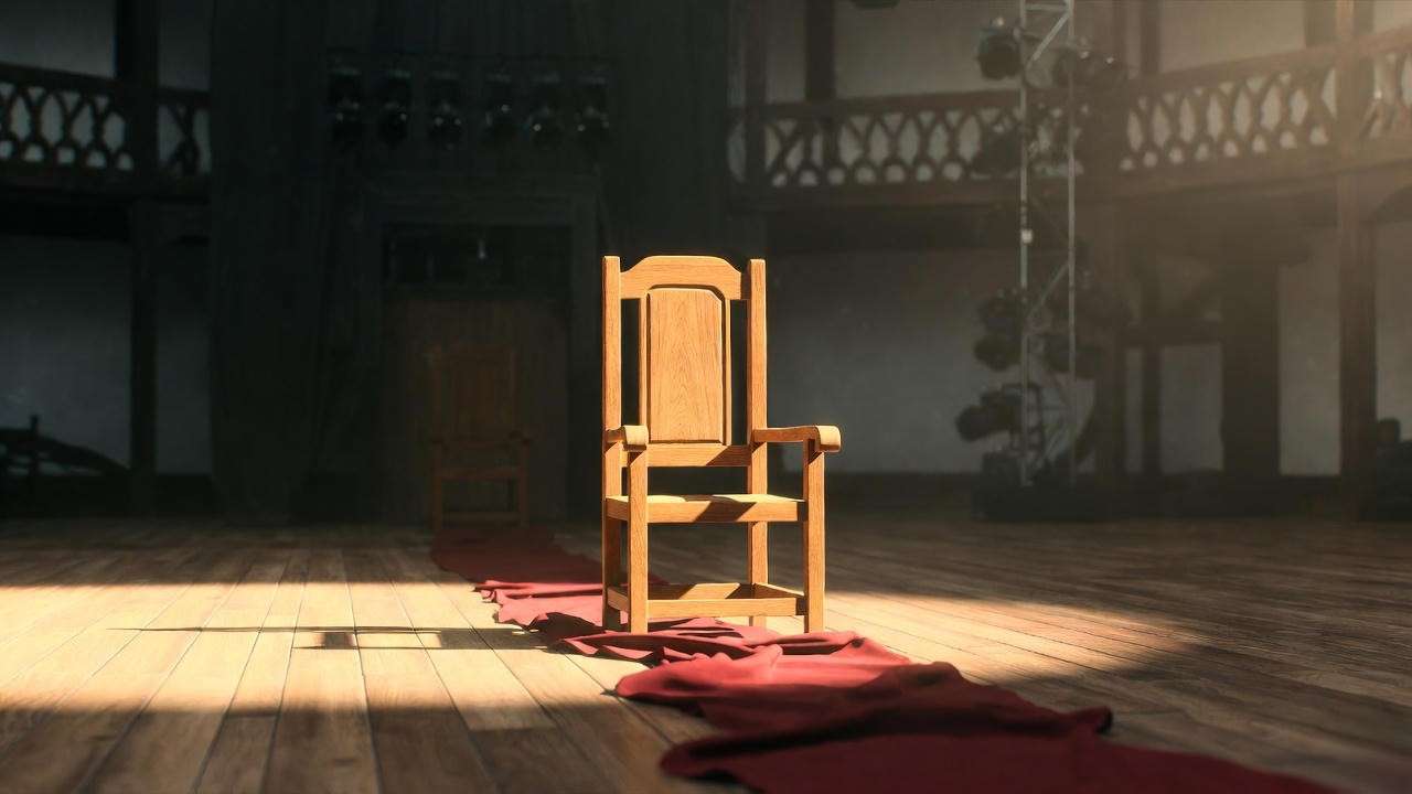 Julius Caesar art: Elizabethan bare stage with symbolic crimson cloth at the Globe