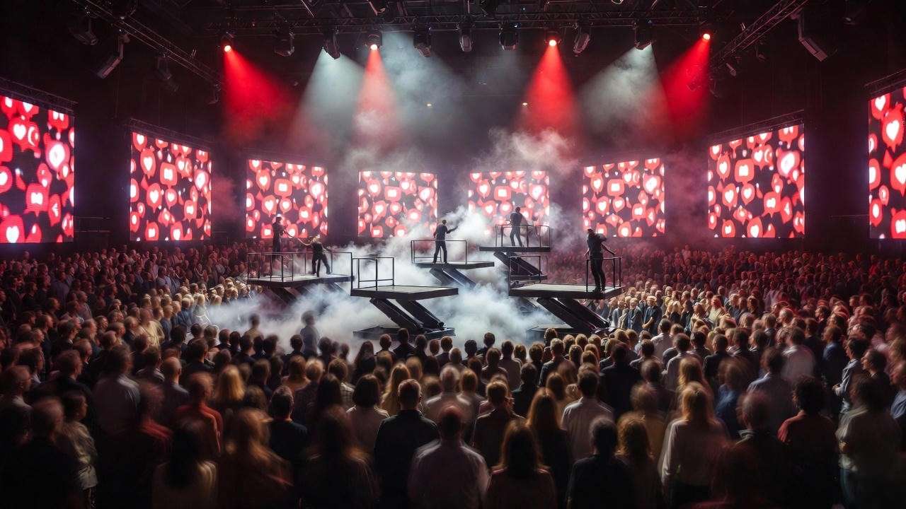 Julius Caesar art: 2018 Bridge Theatre immersive mob with live LED screens