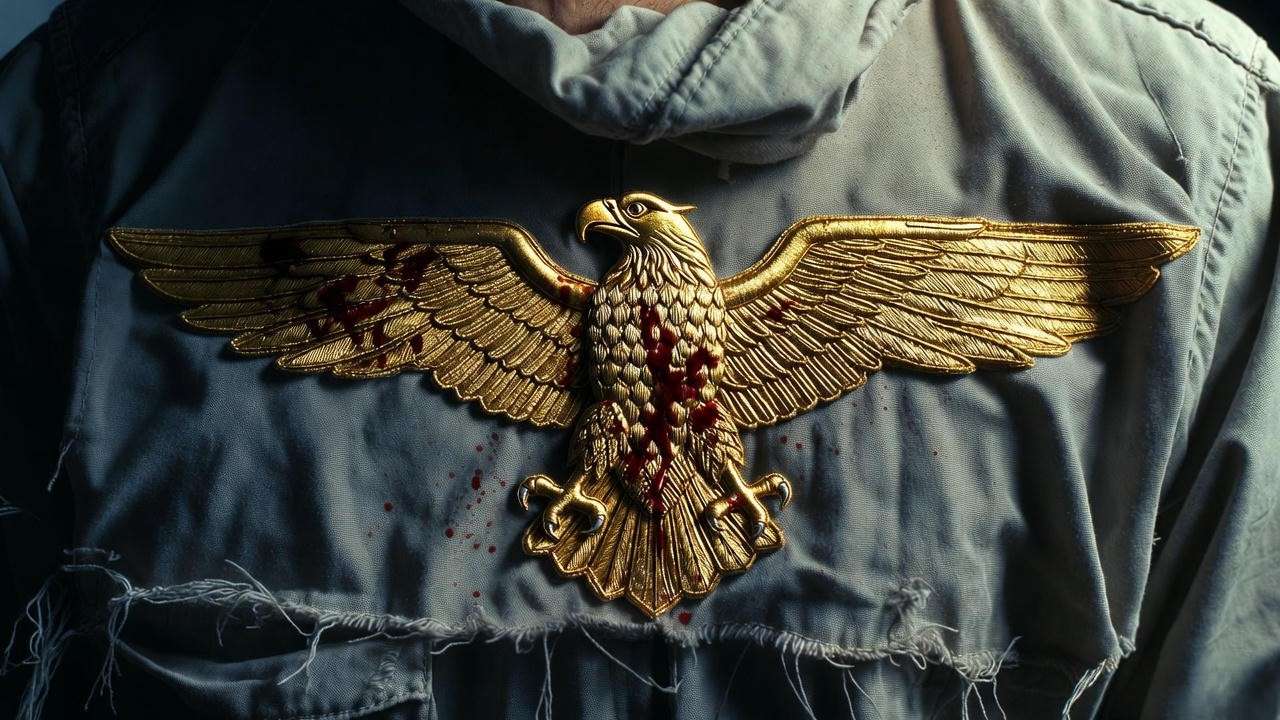 Julius Caesar art: prison jumpsuit with blood-stained Roman eagle in all-female production