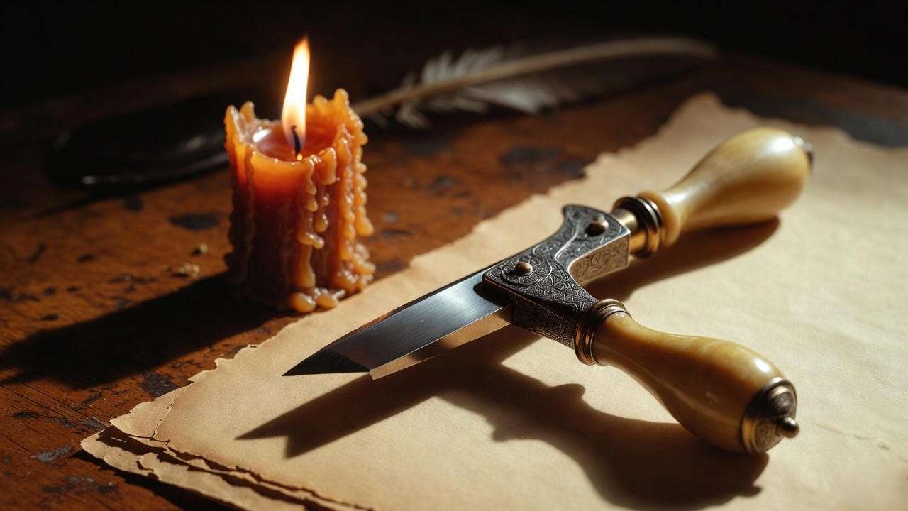 Elizabethan brass hand creaser with ivory handle on vellum, candlelit close-up