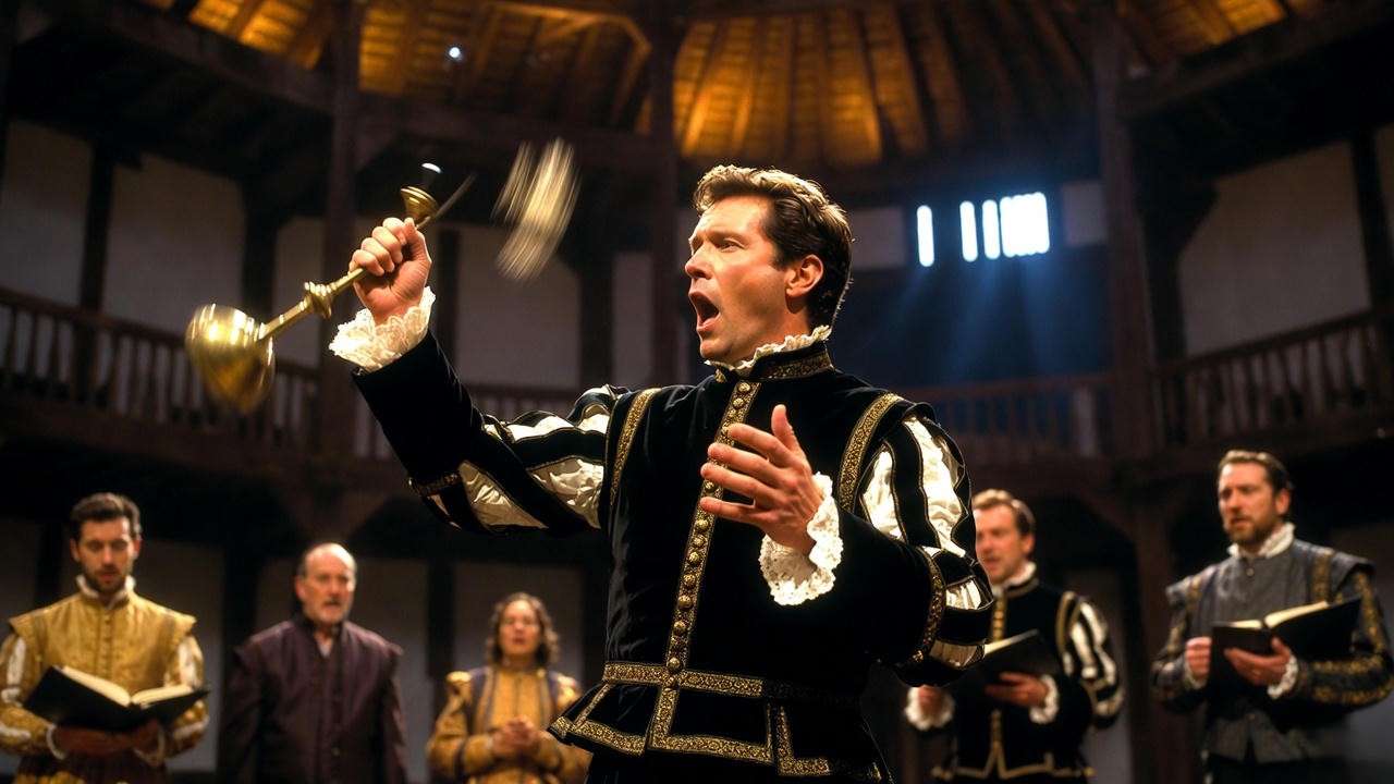 Claudius dropping hand creaser on Globe stage during Mousetrap rehearsal