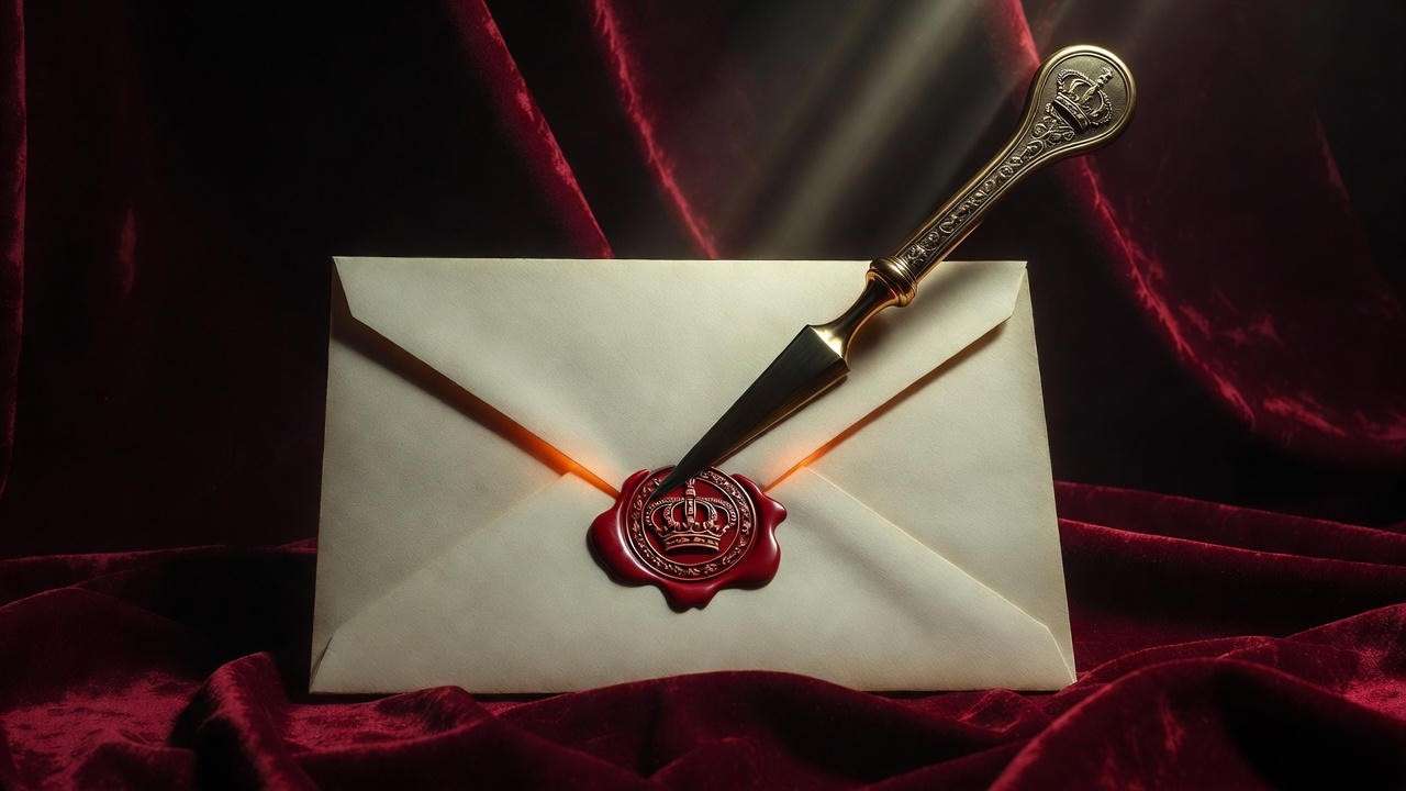 Hand creaser piercing sealed royal letter symbolizing Claudius guilt in Hamlet