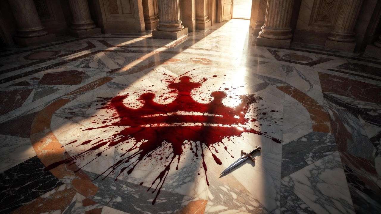 Blood crown on Senate floor symbolizing ambition in Julius Caesar play