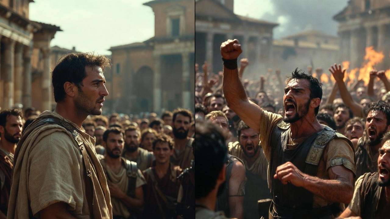 Brutus vs Antony funeral speeches contrast in Julius Caesar play: logos vs pathos