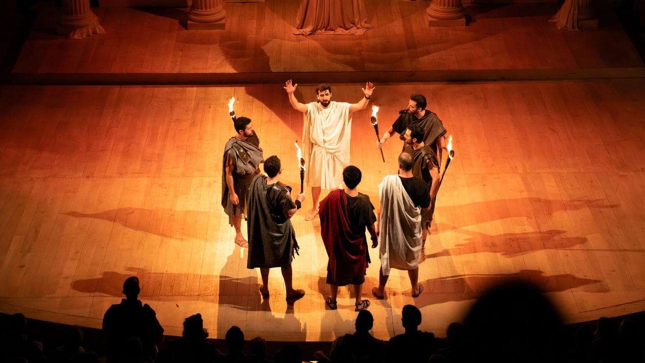 Overhead staging of conspirators circle with torches – Julius Caesar Act 2 Scene 1 director tips