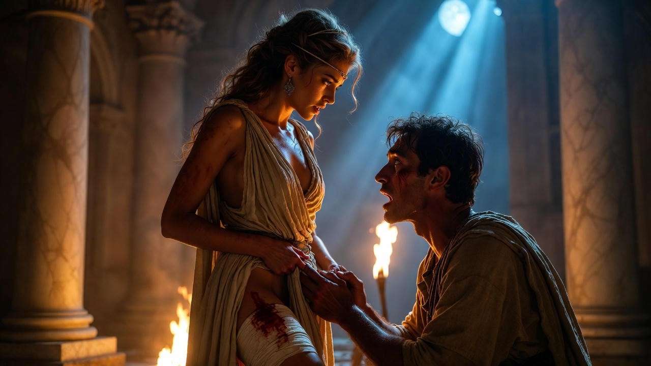 Portia revealing thigh wound to Brutus Julius Caesar Act 2 Scene 1